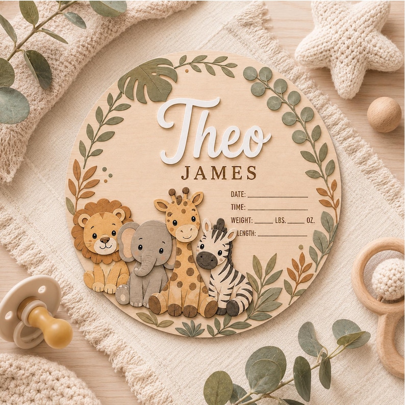 Personalized Safari Animals Birth Announcement Sign, Wooden Baby Name ...