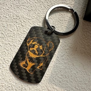 Personalized Pet Memorial Keychain – Carbon Fiber Dog Tag with Gold Engraved Pet Portrait, Custom Name & Dates Keepsake Gift