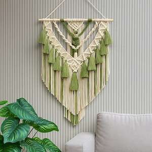 Macrame Wall Hanging Large - Boho Cotton Tapestry - Neutral or Sage Green, Above Bed Decor, Botanical Fiber Art, Modern Tassel Wall Hanging