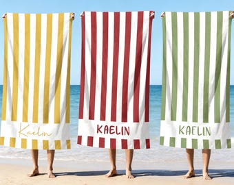 Toalla de playa a rayas con nombre personalizado, toalla de playa personalizada con rayas rojas y blancas, toalla de playa personalizada de secado rápido con nombre, regalos personalizados