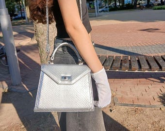 Python Leather Handbag: Exotic Silver Evening Bag, Shoulder Bag