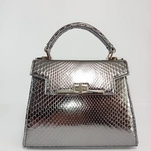 Puede incluir: Un bolso plateado con un estampado de piel de serpiente. El bolso tiene un asa superior y una forma rectangular con cierre de broche. Los herrajes son plateados.