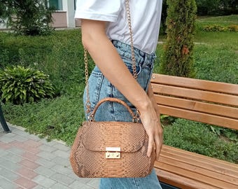 Python leren schoudertas, kleine bruine exotische handtas, schoudertas