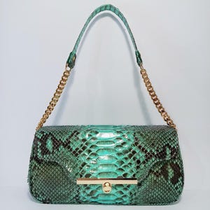 May include: A turquoise and black snakeskin handbag with a gold clasp and chain strap. The bag has a rectangular shape and a top handle. The snakeskin pattern is visible across the entire surface. The bag's dimensions are not visible.