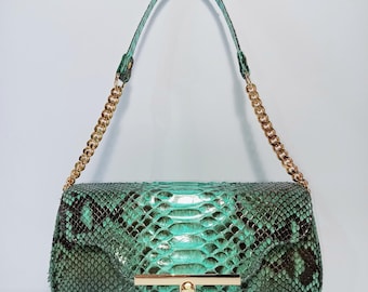 Exotische Turquoise Python Leder Baguette Tasche, Handgemachte Schulter Handtasche
