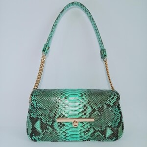 Exotic Turquoise Python Leather Baguette Bag, Handmade Shoulder Handbag