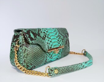 Exotische Turquoise Python Leder Baguette Tasche, Handgemachte Schulter Handtasche