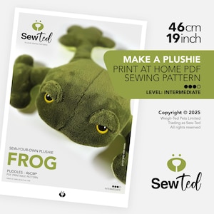 Peut inclure: Un jouet en peluche en forme de grenouille verte avec des yeux jaunes est présenté avec un patron de couture. Le patron est pour une peluche grenouille, mesurant 46 cm. Le texte indique "Coudre votre propre grenouille en peluche".