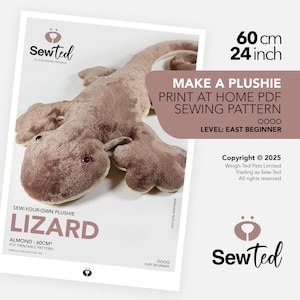 May include: A plush almond-colored lizard toy, approximately 24 inches long, lies on a white surface. The image is a pattern for a plushie, with text that reads "Make a Plushie" and "Sew-Your-Own Plushie Lizard". The pattern is for easy beginners.