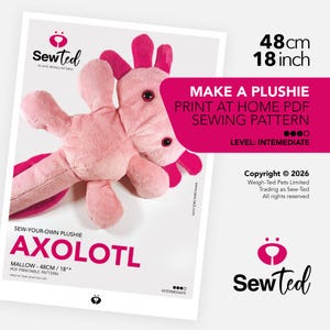 May include: A pink plush axolotl toy, approximately 18 inches (45.7 cm) long, with a matching pink tail and accents. The image includes a PDF sewing pattern for the plushie, with the text "AXOLOTL" and "MALLOW - 48CM / 18"" displayed.