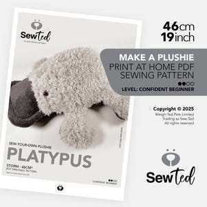 May include: A plush platypus sewing pattern with a plush toy platypus. The pattern is for a 19-inch (46cm) plushie, labeled "Storm". The pattern is for confident beginners. The image includes the text "Make a Plushie Print at Home PDF Sewing Pattern".