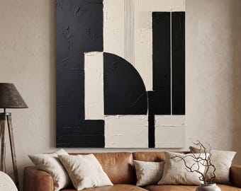 Black and White Textured Abstract Painting, Minimalist 3D Impasto Canvas Art, Modern Monochrome Wall Decor, Living Room Gift
