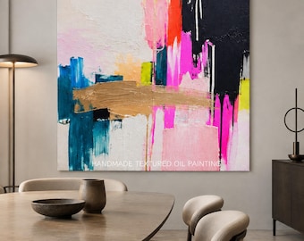 Art néon dégoulinant, texture épaisse, peinture abstraite colorée, décor sur toile empâtée, peinture épaisse, néon pop moderne, œuvre d'art murale remarquable