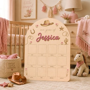 May include: An arched wooden milestone board featuring the text one year of Jessica in pink script, with twelve blank squares labeled one through twelve, decorated with illustrations of a cowboy hat, horseshoe, cactus, and pink flowers.