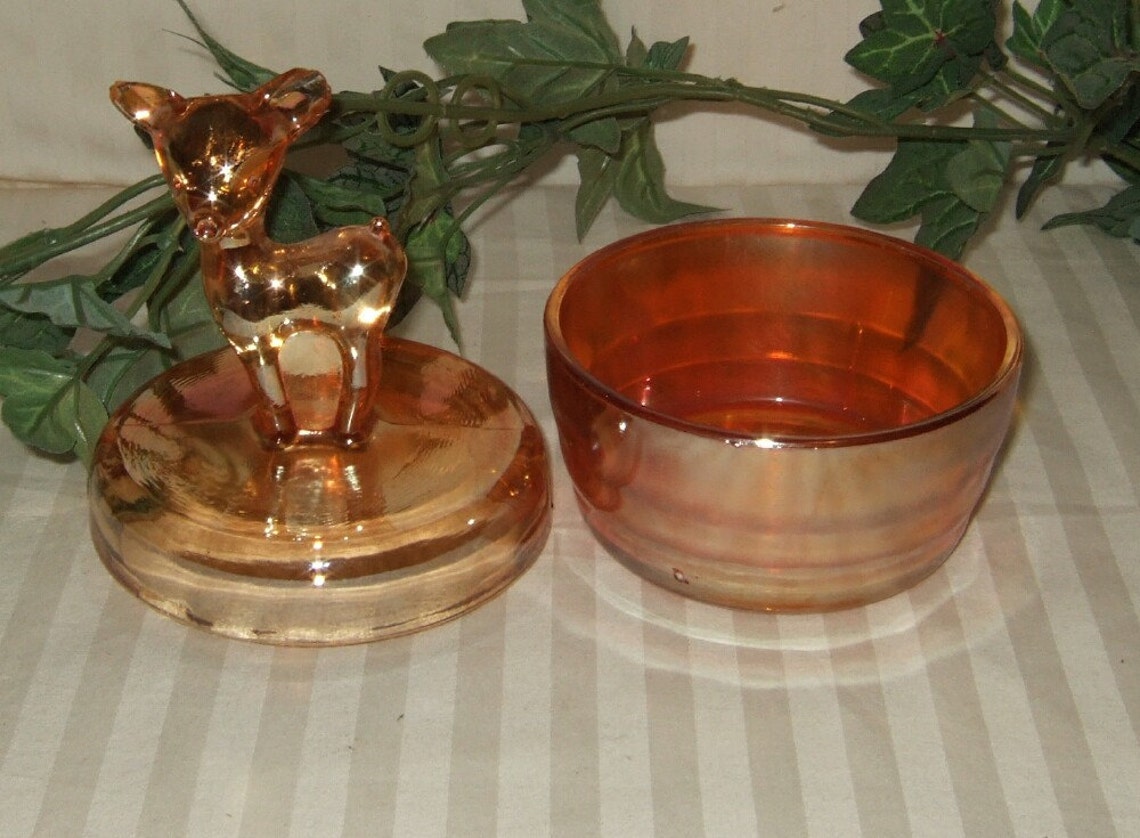 Vintage marigold powder jar carnival glass deer Etsy