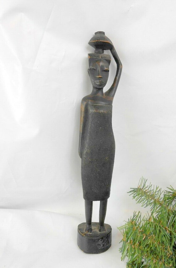 Vintage hand carved african ebony wood male drummer sculpture