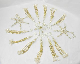 Vintage Christmas Ornaments Ivory and gold and ivory Christmas ornaments Handmade bead Christmas ornaments dangle bead ornaments