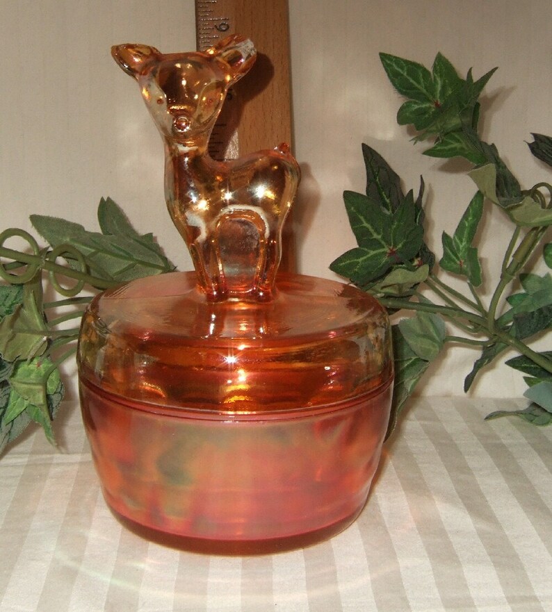 Vintage marigold powder jar Jeannette carnival glass deer Etsy