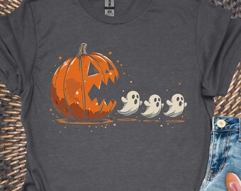 Halloween Pumpkin Eat Ghost Shirt, Funny Halloween Shirt, Halloween Gamer Gift, Halloween Party Tee, Pumpkin Pac Man Shirt, Spooky Ghost Tee