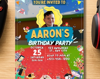 Invitación de cumpleaños de Roblox, plantilla editable de Canva para invitación a fiesta, descarga digital imprimible, cumpleaños infantil, personalizable