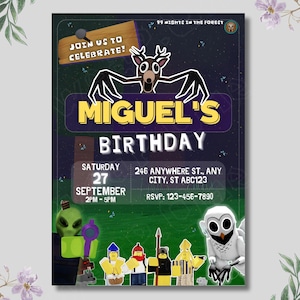 May include: A party invitation with a dark blue background and cartoon graphics. The invitation reads "MIGUEL'S BIRTHDAY" in yellow letters. Details include the date, time, and RSVP information. A cartoon deer and owl are also featured.