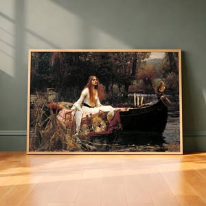 Lady of Shalott Poster, Waterhouse Pre-Raphaelite Wall Art, Victorian Painting, Dark Academia Art, woman in white in a boat on a dark river