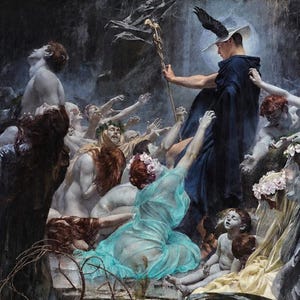 May include: A framed oil painting depicting a dark, cavernous scene with a central figure in a dark blue cloak and winged hat holding a staff. Numerous pale, ethereal figures in flowing garments surround the central figure in a dim, moody setting.