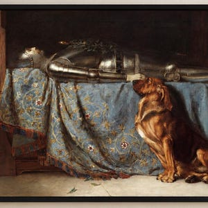 May include: A framed wall art print depicting a figure in full silver metal plate armour lying horizontally on a table covered with a blue floral patterned cloth, while a brown dog sits attentively beside the table looking toward the figure.