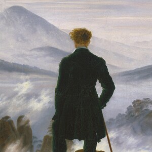 May include: An oil painting depicting a person seen from behind, wearing a dark green frock coat and standing on a rocky precipice. The figure holds a wooden walking stick while overlooking a vast, misty mountain landscape.
