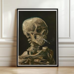 Skull with Burning Cigarette Van Gogh, Vintage Skeleton Wall Art, Gothic Memento Mori Poster