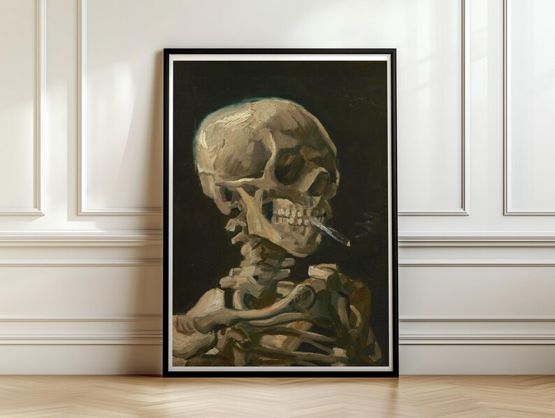 Skull with Burning Cigarette Van Gogh, Vintage Skeleton Wall Art, Gothic Memento Mori Poster