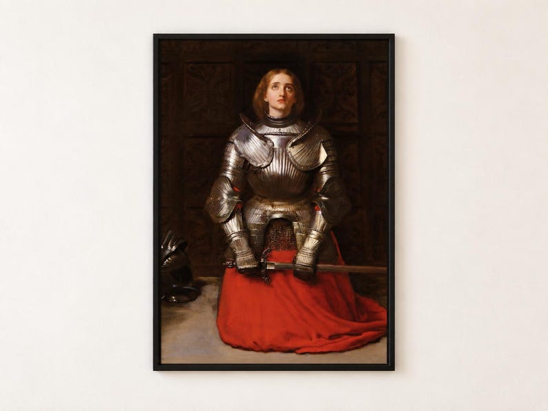 Joan of Arc by Millais poster, young woman in armour kneeling in prayer with a sword