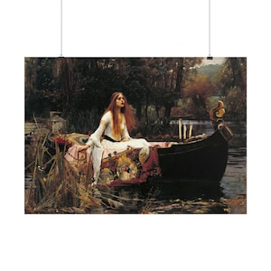 May include: A painting depicting a person with long reddish hair wearing a white dress, seated in a dark wooden boat on a calm river. The boat is draped with a patterned textile, and the surrounding landscape features dense trees and tall reeds.