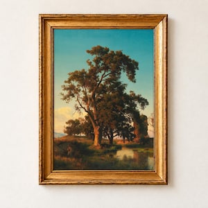 A Majestic Tree in the Evening Light by Oswald Achenbach, 1852. A huge tree with an orange-lit crown rises against a turquoise sky above a sunset stream and meadow, with smaller trees and distant hills.