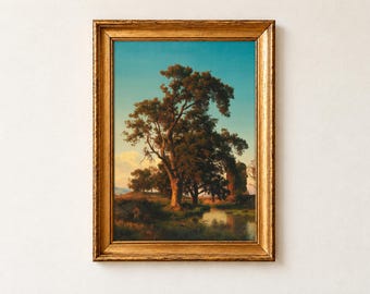 A Majestic Tree in the Evening Light Print, Oswald Achenbach 1852 Landscape Painting Wall Art