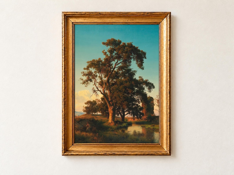 A Majestic Tree in the Evening Light by Oswald Achenbach, 1852. A huge tree with an orange-lit crown rises against a turquoise sky above a sunset stream and meadow, with smaller trees and distant hills.