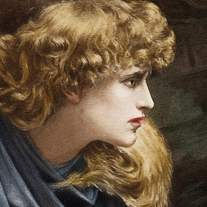 Close-up of Imogen by Herbert Schmalz: her face and golden curls as she looks back over her shoulder.