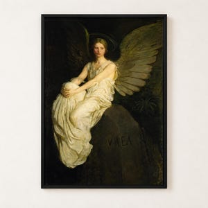 Stevenson Memorial by Abbott Thayer poster, pale winged angel seated on a rock against darkness