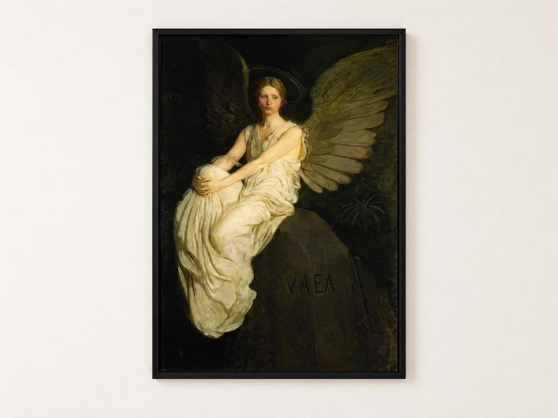 Stevenson Memorial by Abbott Thayer poster, pale winged angel seated on a rock against darkness