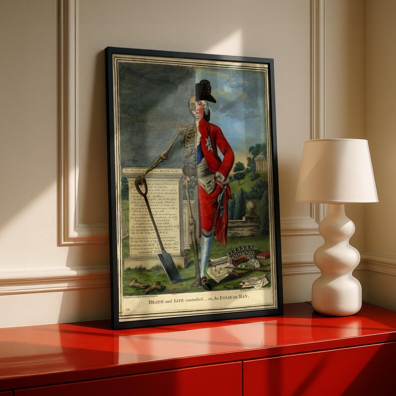 Memento Mori Skeleton Print, Death and Life Contrasted, Georgian Satire Art, Gothic Wall Art