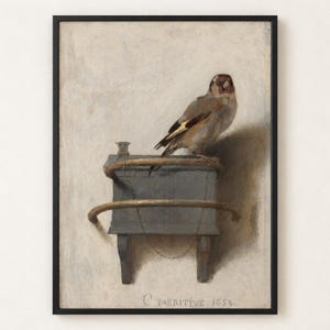 The Goldfinch by Carel Fabritius poster, small bird chained to a feeder on a pale wall
