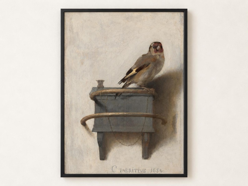 The Goldfinch by Carel Fabritius poster, small bird chained to a feeder on a pale wall