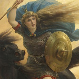 Close-up of The Valkyrie by Peter Nicolai Arbo: her face, helmet and raised spear, with the gold shield beside her.