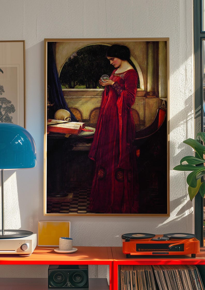The Crystal Ball Print, Waterhouse 1902 Pre Raphaelite Wall Art, Skull Dark Academia Poster