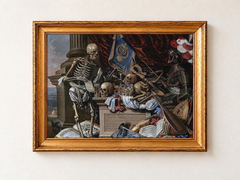 Vanitas Still Life with a Skeleton by Carstian Luyckx as a framed print in a gold frame. A seated skeleton holding a sheet of parchment leans on a stone pedestal crowded with skulls, a crown, an hourglass, a lute, a violin, books, a blue banner and a suit of armour under red velvet drapery.
