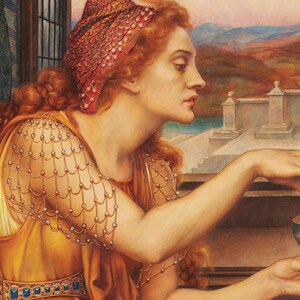 May include: A painting of a person with long red hair wearing a patterned headpiece and a yellow garment adorned with a delicate pearl-like net overlay. The figure is positioned against a landscape background with architectural stone elements.