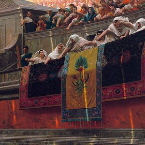 Detailed view of spectators with banners in the artwork