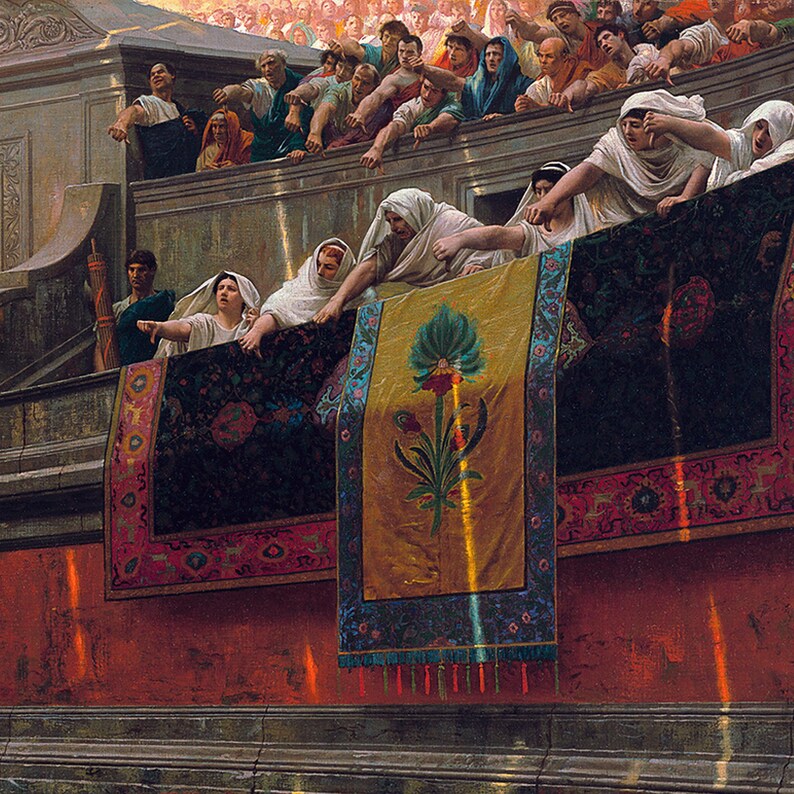 Detailed view of spectators with banners in the artwork