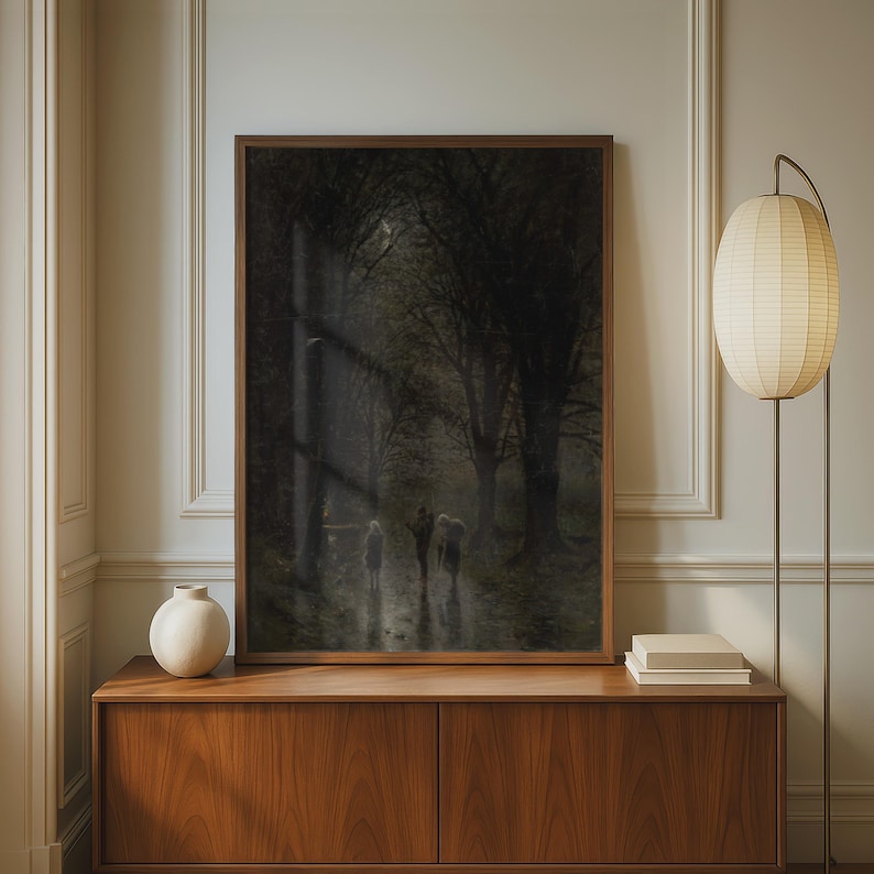 Night Travellers in Dark Forest Poster, Mednyanszky Romantic Moonlit Woodland Wall Art