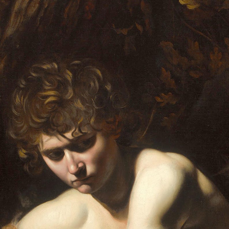 Close-up detail of Saint John the Baptist in the Wilderness by Caravaggio, 1604. The young saint looks down in thought, his curly hair and bare shoulders lit against a dark tangle of leaves.
